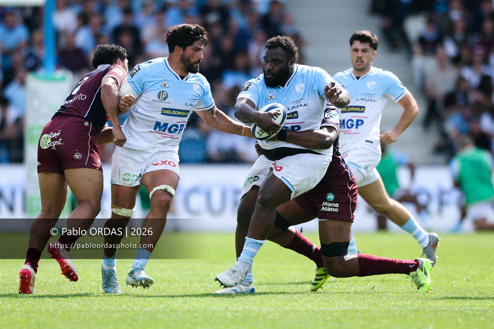 Luke Tagi, lors du match de Top 14 entre l'Aviron bayonnais et l'Union Bordeaux Bègles, le 9 mai 2026 au stade Jean Dauger de Bayonne, France (Photo Pablo ORDAS)