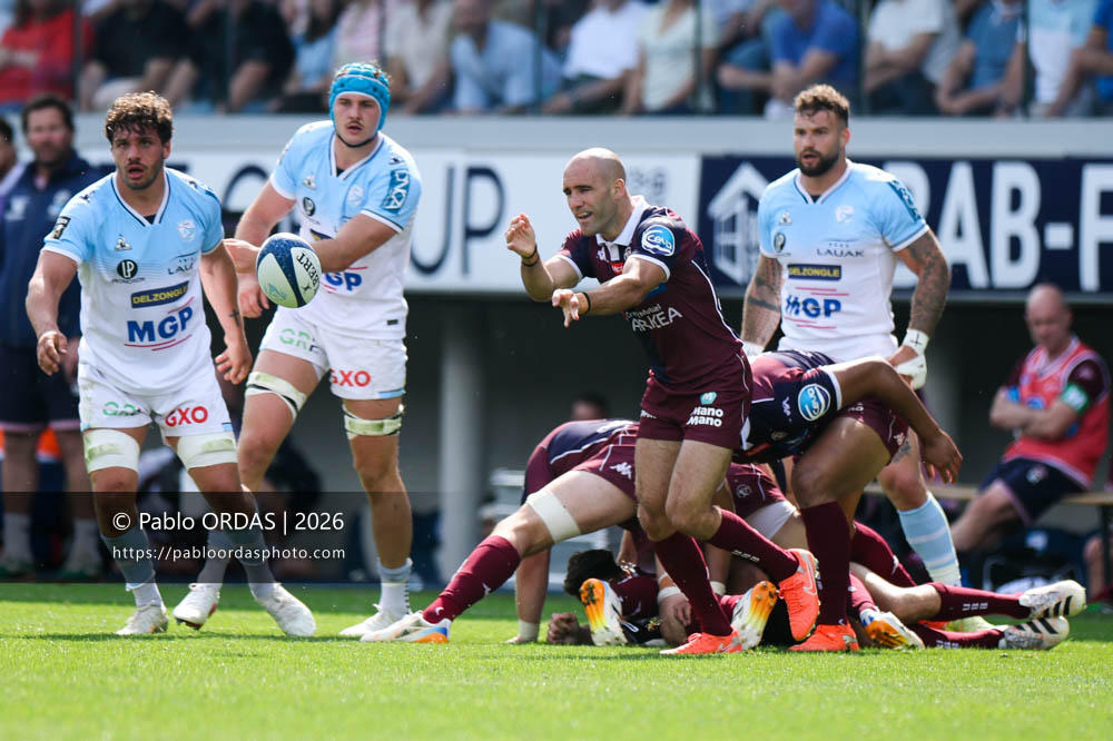 Maxime Lucu, lors du match de Top 14 entre l'Aviron bayonnais et l'Union Bordeaux Bègles, le 9 mai 2026 au stade Jean Dauger de Bayonne, France (Photo Pablo ORDAS)