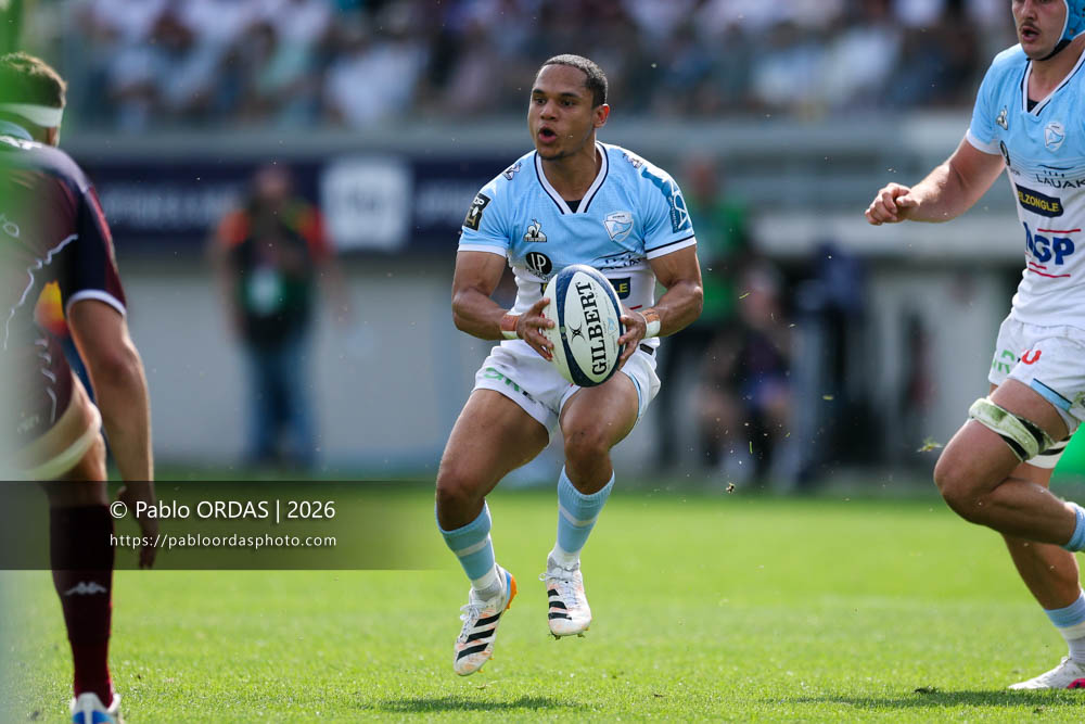 Herschel Jantjies, lors du match de Top 14 entre l'Aviron bayonnais et l'Union Bordeaux Bègles, le 9 mai 2026 au stade Jean Dauger de Bayonne, France (Photo Pablo ORDAS)