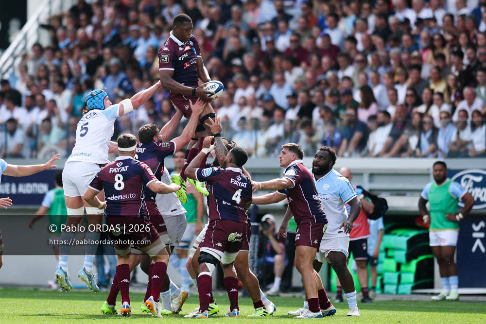 Cameron Woki, lors du match de Top 14 entre l'Aviron bayonnais et l'Union Bordeaux Bègles, le 9 mai 2026 au stade Jean Dauger de Bayonne, France (Photo Pablo ORDAS)