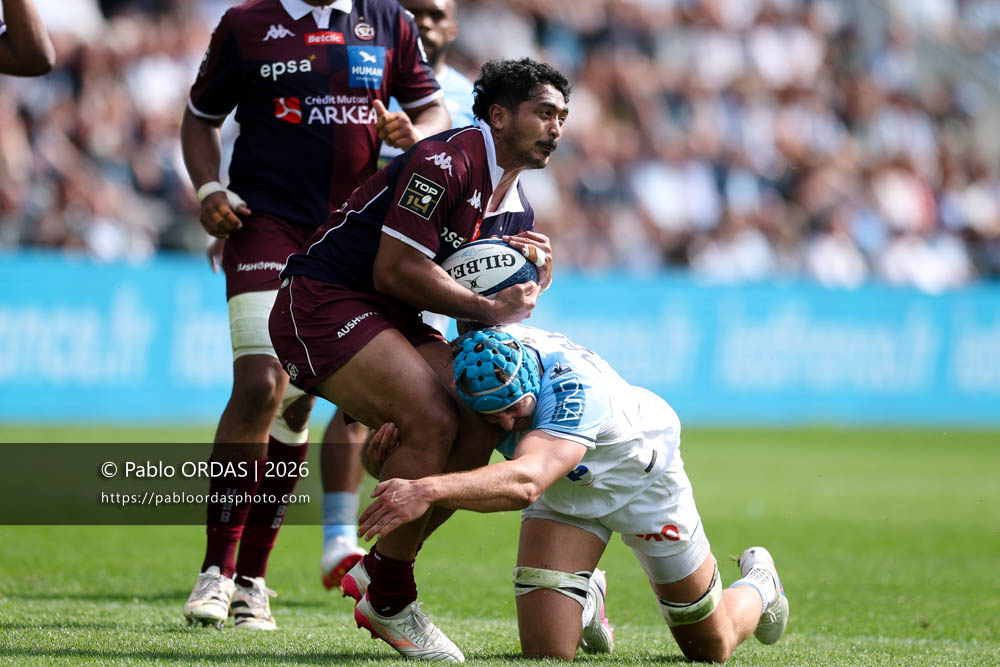 Yoram Moefana, lors du match de Top 14 entre l'Aviron bayonnais et l'Union Bordeaux Bègles, le 9 mai 2026 au stade Jean Dauger de Bayonne, France (Photo Pablo ORDAS)