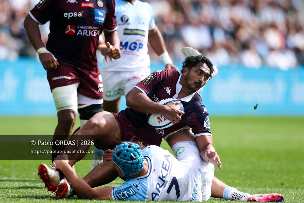 Yoram Moefana, lors du match de Top 14 entre l'Aviron bayonnais et l'Union Bordeaux Bègles, le 9 mai 2026 au stade Jean Dauger de Bayonne, France (Photo Pablo ORDAS)