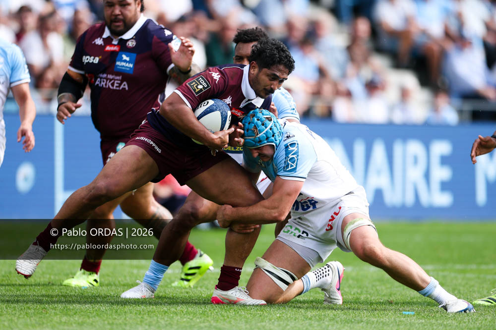 Yoram Moefana, lors du match de Top 14 entre l'Aviron bayonnais et l'Union Bordeaux Bègles, le 9 mai 2026 au stade Jean Dauger de Bayonne, France (Photo Pablo ORDAS)