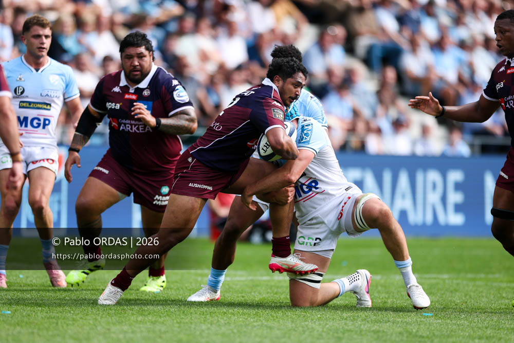 Yoram Moefana, lors du match de Top 14 entre l'Aviron bayonnais et l'Union Bordeaux Bègles, le 9 mai 2026 au stade Jean Dauger de Bayonne, France (Photo Pablo ORDAS)
