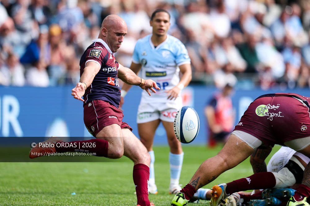 Maxime Lucu, lors du match de Top 14 entre l'Aviron bayonnais et l'Union Bordeaux Bègles, le 9 mai 2026 au stade Jean Dauger de Bayonne, France (Photo Pablo ORDAS)