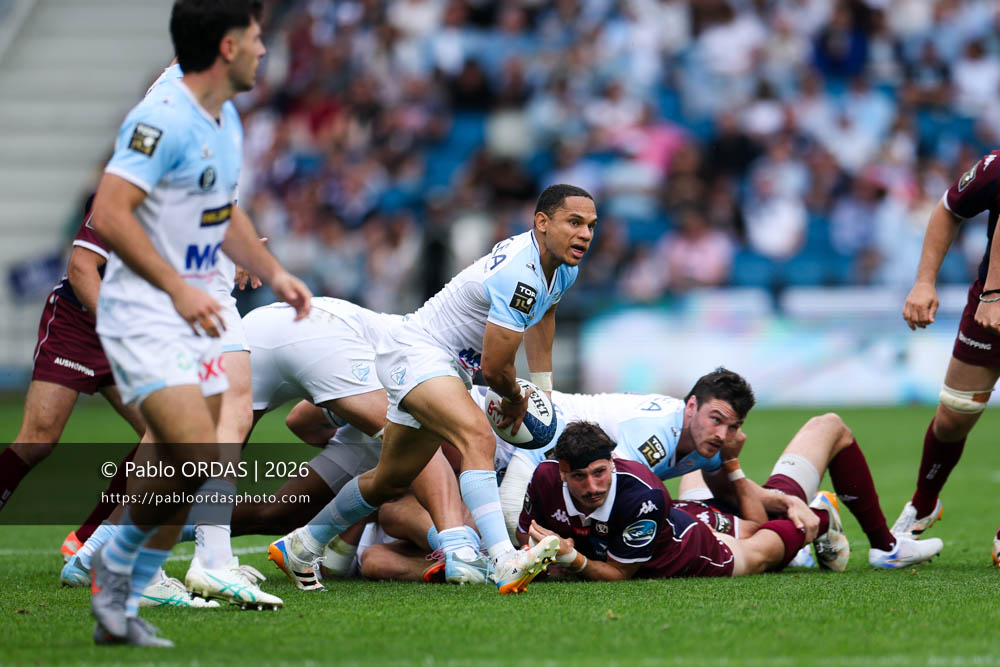 Herschel Jantjies, lors du match de Top 14 entre l'Aviron bayonnais et l'Union Bordeaux Bègles, le 9 mai 2026 au stade Jean Dauger de Bayonne, France (Photo Pablo ORDAS)