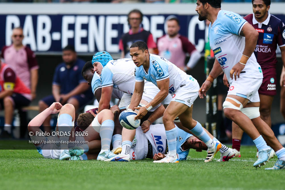 Herschel Jantjies, lors du match de Top 14 entre l'Aviron bayonnais et l'Union Bordeaux Bègles, le 9 mai 2026 au stade Jean Dauger de Bayonne, France (Photo Pablo ORDAS)