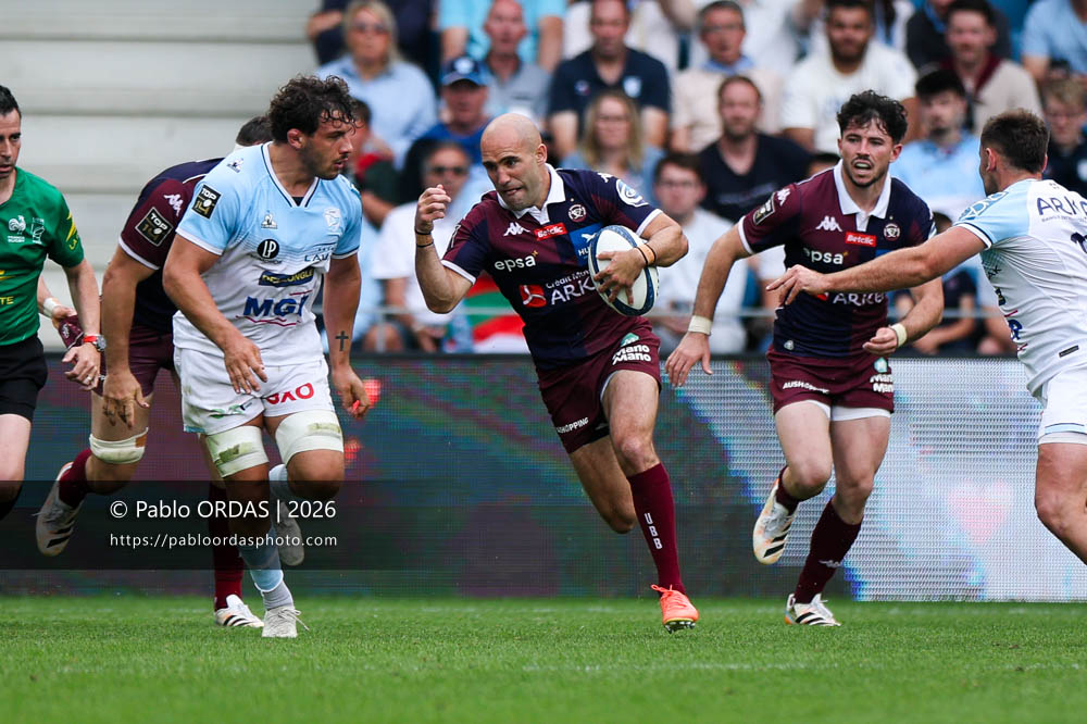 Maxime Lucu, lors du match de Top 14 entre l'Aviron bayonnais et l'Union Bordeaux Bègles, le 9 mai 2026 au stade Jean Dauger de Bayonne, France (Photo Pablo ORDAS)