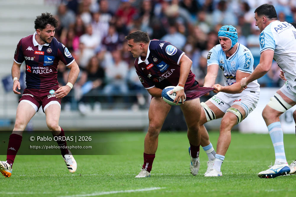 Matis Perchaud, lors du match de Top 14 entre l'Aviron bayonnais et l'Union Bordeaux Bègles, le 9 mai 2026 au stade Jean Dauger de Bayonne, France (Photo Pablo ORDAS)