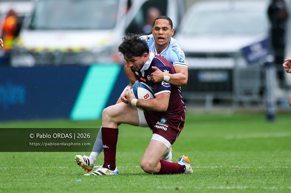 Hugo Reus, lors du match de Top 14 entre l'Aviron bayonnais et l'Union Bordeaux Bègles, le 9 mai 2026 au stade Jean Dauger de Bayonne, France (Photo Pablo ORDAS)