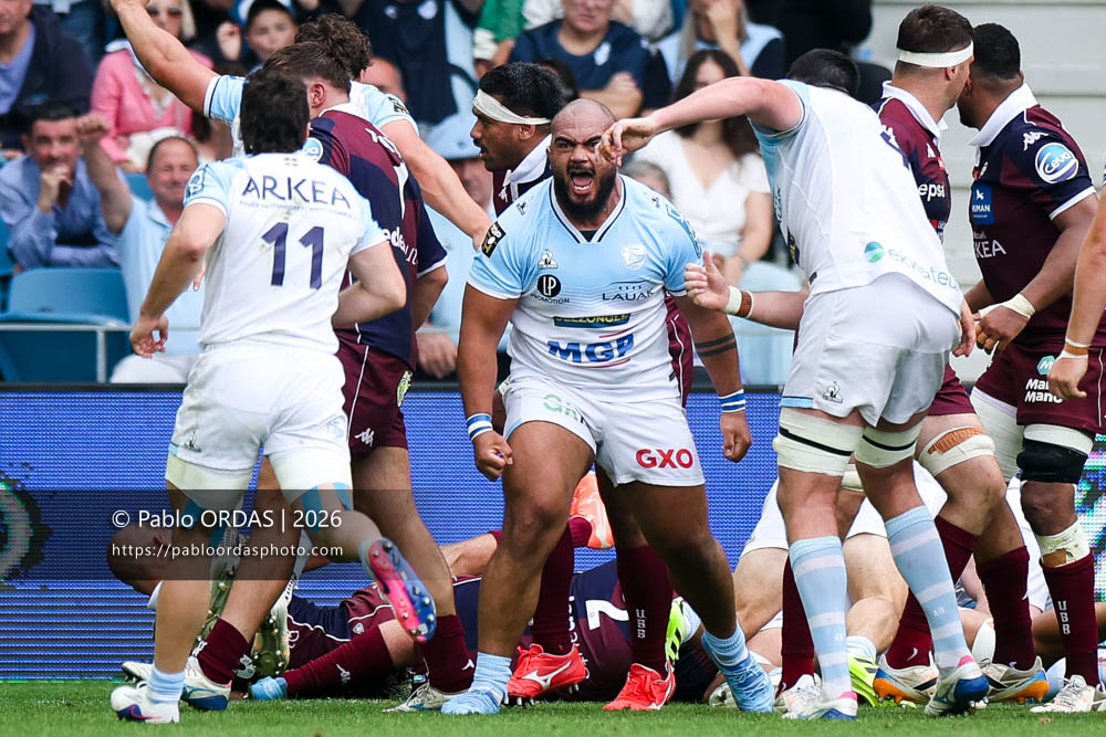 Emerick Setiano, lors du match de Top 14 entre l'Aviron bayonnais et l'Union Bordeaux Bègles, le 9 mai 2026 au stade Jean Dauger de Bayonne, France (Photo Pablo ORDAS)