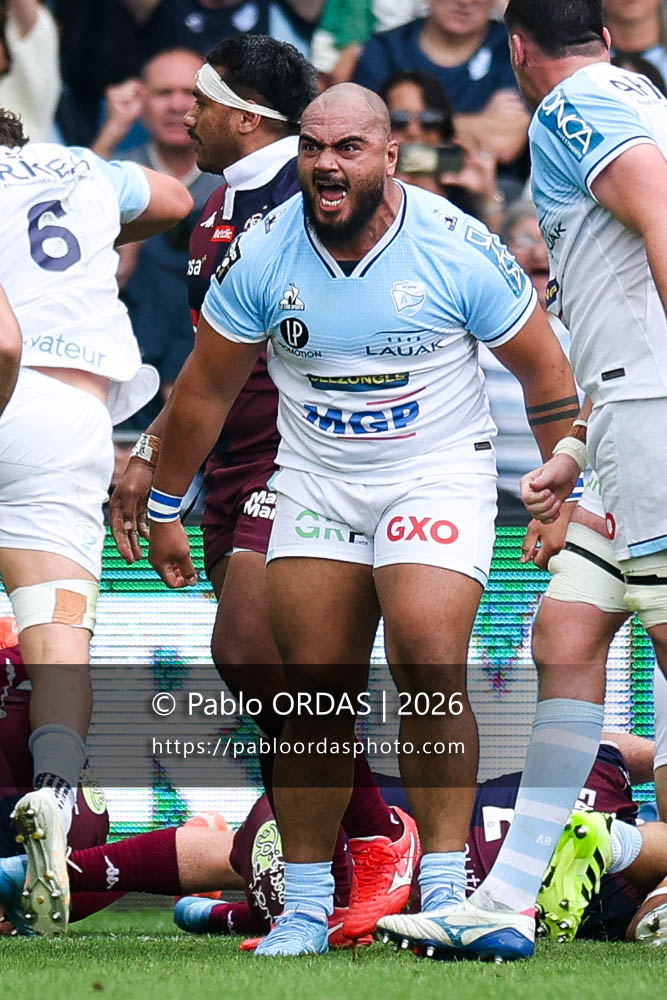 Emerick Setiano, lors du match de Top 14 entre l'Aviron bayonnais et l'Union Bordeaux Bègles, le 9 mai 2026 au stade Jean Dauger de Bayonne, France (Photo Pablo ORDAS)