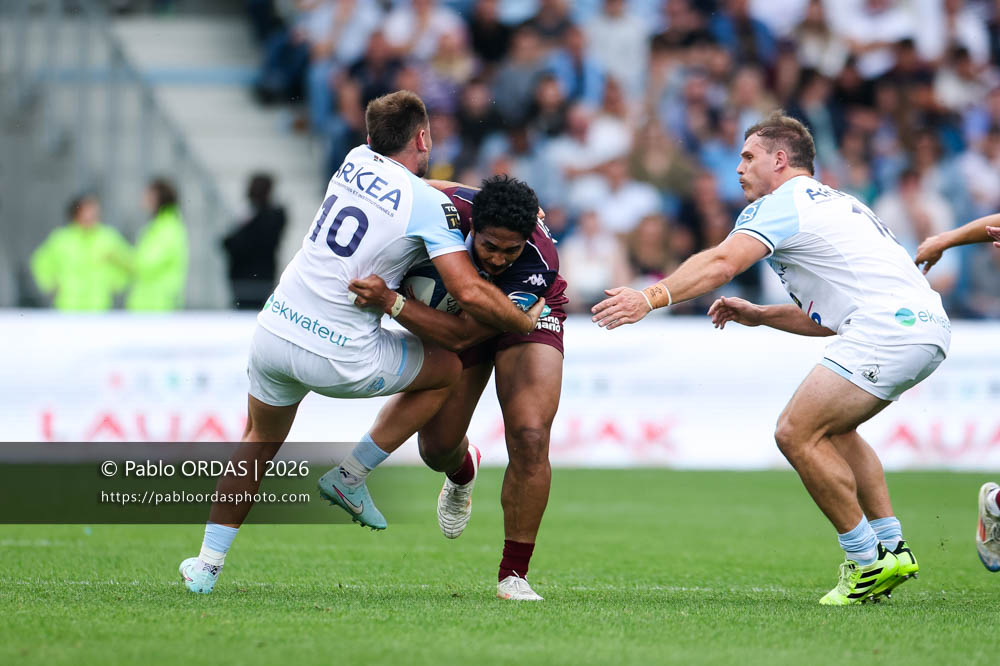 Yoram Moefana, lors du match de Top 14 entre l'Aviron bayonnais et l'Union Bordeaux Bègles, le 9 mai 2026 au stade Jean Dauger de Bayonne, France (Photo Pablo ORDAS)