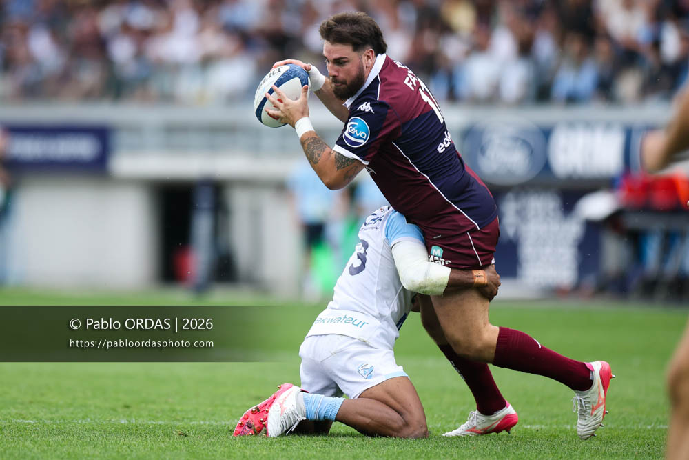Ugo Boniface, lors du match de Top 14 entre l'Aviron bayonnais et l'Union Bordeaux Bègles, le 9 mai 2026 au stade Jean Dauger de Bayonne, France (Photo Pablo ORDAS)