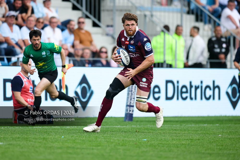 Lachlan Swinton, lors du match de Top 14 entre l'Aviron bayonnais et l'Union Bordeaux Bègles, le 9 mai 2026 au stade Jean Dauger de Bayonne, France (Photo Pablo ORDAS)