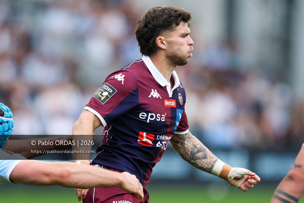 Matthieu Jalibert, lors du match de Top 14 entre l'Aviron bayonnais et l'Union Bordeaux Bègles, le 9 mai 2026 au stade Jean Dauger de Bayonne, France (Photo Pablo ORDAS)