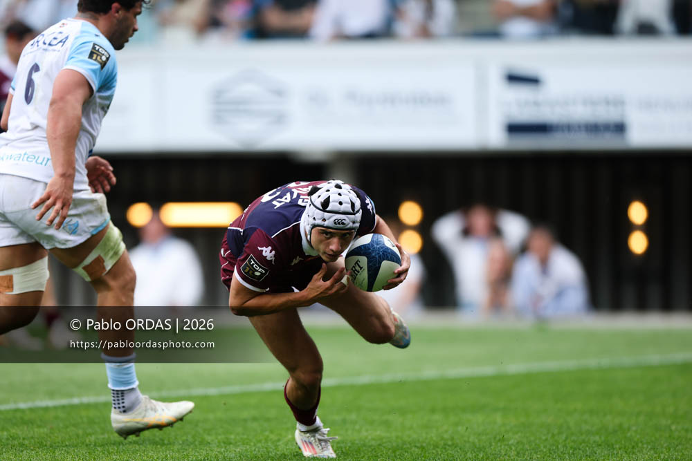 Louis Bielle-Biarrey, lors du match de Top 14 entre l'Aviron bayonnais et l'Union Bordeaux Bègles, le 9 mai 2026 au stade Jean Dauger de Bayonne, France (Photo Pablo ORDAS)