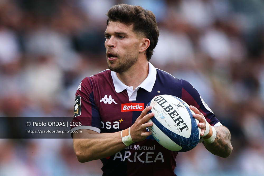 Matthieu Jalibert, lors du match de Top 14 entre l'Aviron bayonnais et l'Union Bordeaux Bègles, le 9 mai 2026 au stade Jean Dauger de Bayonne, France (Photo Pablo ORDAS)