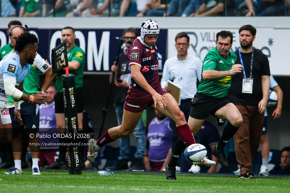 Louis Bielle-Biarrey, lors du match de Top 14 entre l'Aviron bayonnais et l'Union Bordeaux Bègles, le 9 mai 2026 au stade Jean Dauger de Bayonne, France (Photo Pablo ORDAS)