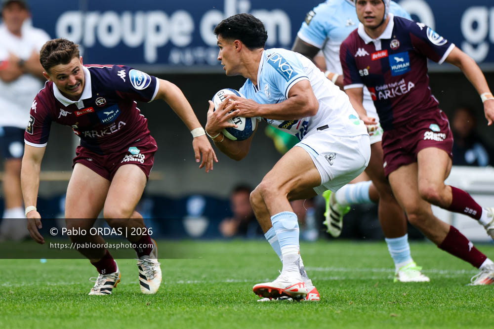 Tom Spring, lors du match de Top 14 entre l'Aviron bayonnais et l'Union Bordeaux Bègles, le 9 mai 2026 au stade Jean Dauger de Bayonne, France (Photo Pablo ORDAS)