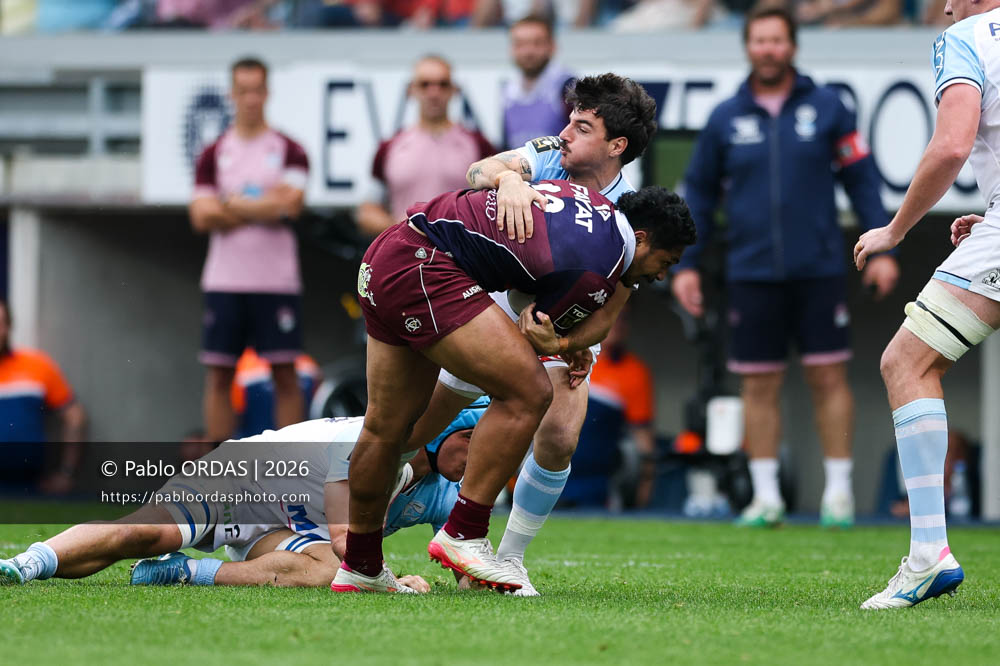 Yoram Moefana, lors du match de Top 14 entre l'Aviron bayonnais et l'Union Bordeaux Bègles, le 9 mai 2026 au stade Jean Dauger de Bayonne, France (Photo Pablo ORDAS)