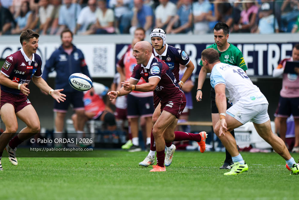 Maxime Lucu, lors du match de Top 14 entre l'Aviron bayonnais et l'Union Bordeaux Bègles, le 9 mai 2026 au stade Jean Dauger de Bayonne, France (Photo Pablo ORDAS)