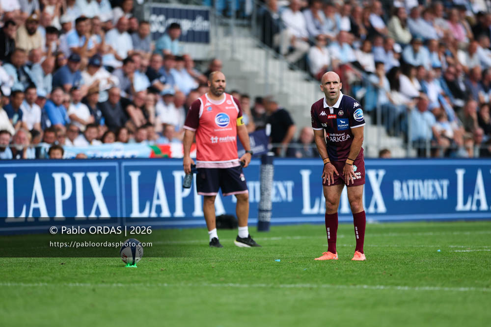 Maxime Lucu, lors du match de Top 14 entre l'Aviron bayonnais et l'Union Bordeaux Bègles, le 9 mai 2026 au stade Jean Dauger de Bayonne, France (Photo Pablo ORDAS)
