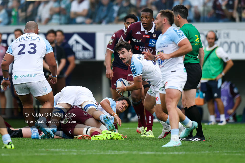 Baptiste Germain, lors du match de Top 14 entre l'Aviron bayonnais et l'Union Bordeaux Bègles, le 9 mai 2026 au stade Jean Dauger de Bayonne, France (Photo Pablo ORDAS)