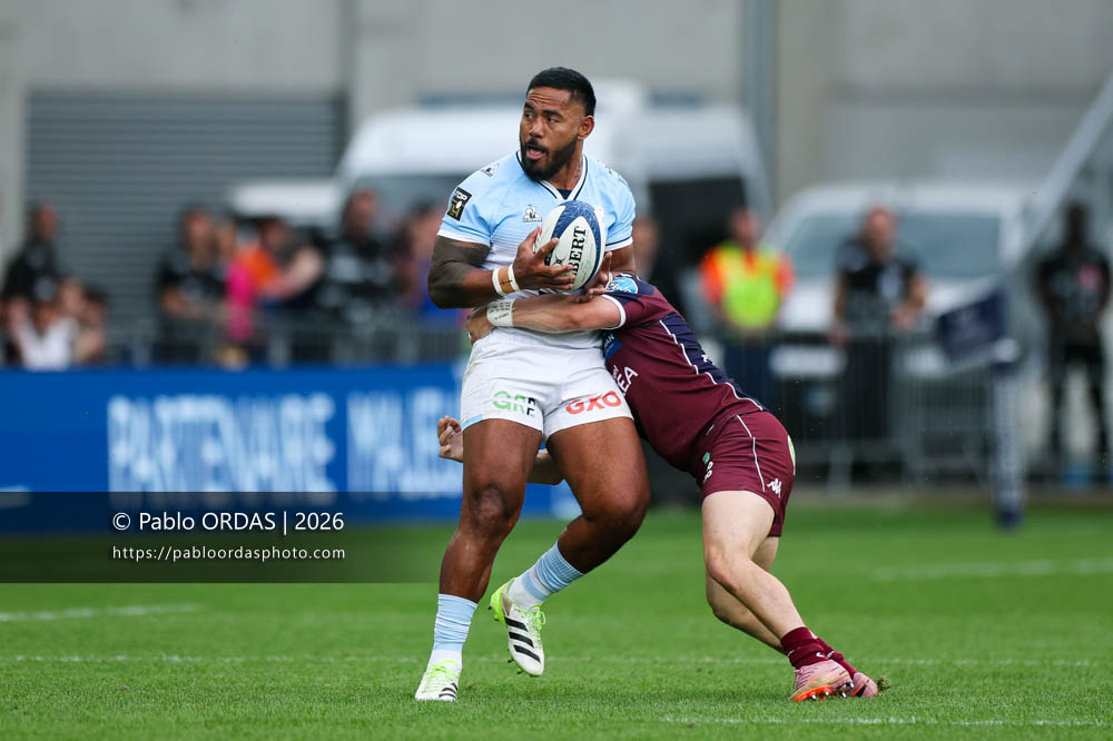 Manu Tuilagi, lors du match de Top 14 entre l'Aviron bayonnais et l'Union Bordeaux Bègles, le 9 mai 2026 au stade Jean Dauger de Bayonne, France (Photo Pablo ORDAS)