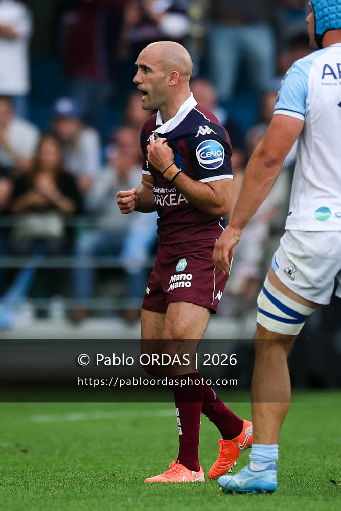Maxime Lucu, lors du match de Top 14 entre l'Aviron bayonnais et l'Union Bordeaux Bègles, le 9 mai 2026 au stade Jean Dauger de Bayonne, France (Photo Pablo ORDAS)