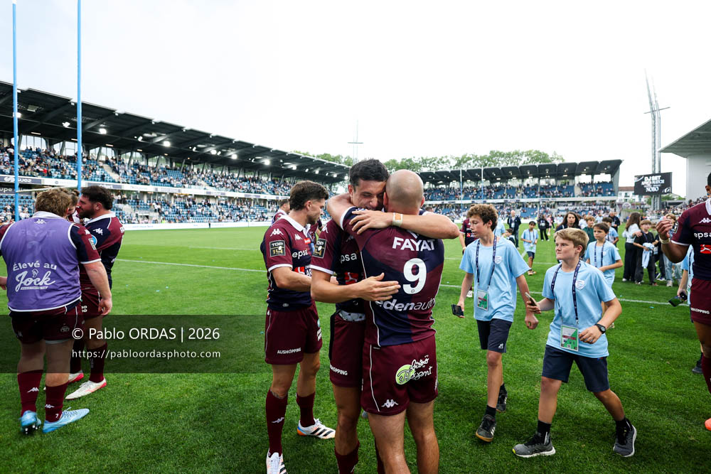 Louis Bielle-Biarrey, Maxime Lucu, lors du match de Top 14 entre l'Aviron bayonnais et l'Union Bordeaux Bègles, le 9 mai 2026 au stade Jean Dauger de Bayonne, France (Photo Pablo ORDAS)