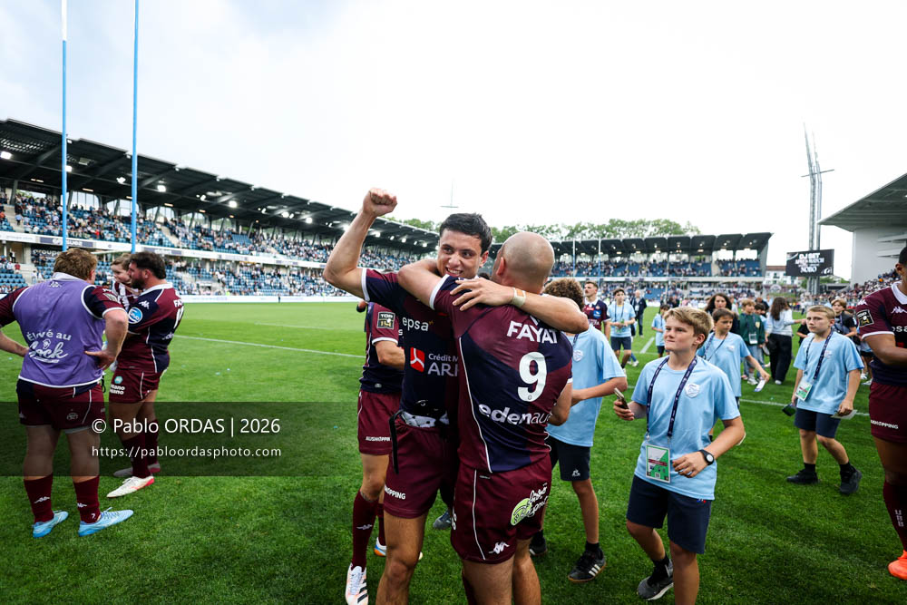 Louis Bielle-Biarrey, Maxime Lucu, lors du match de Top 14 entre l'Aviron bayonnais et l'Union Bordeaux Bègles, le 9 mai 2026 au stade Jean Dauger de Bayonne, France (Photo Pablo ORDAS)