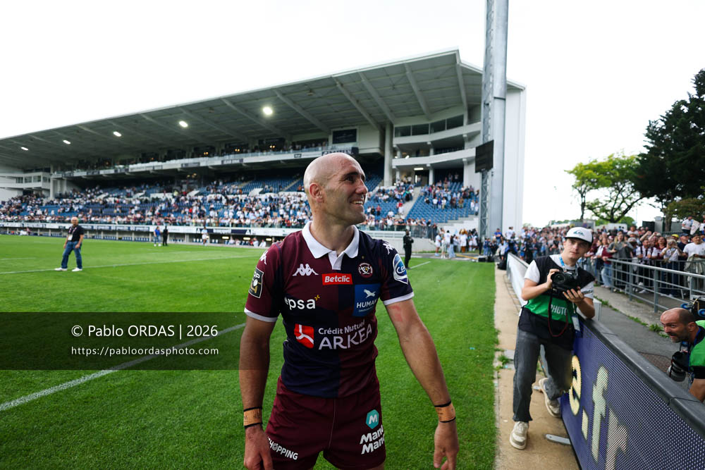 Maxime Lucu, lors du match de Top 14 entre l'Aviron bayonnais et l'Union Bordeaux Bègles, le 9 mai 2026 au stade Jean Dauger de Bayonne, France (Photo Pablo ORDAS)