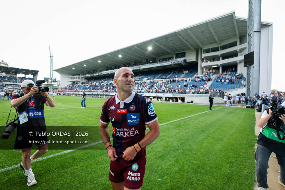 Maxime Lucu, lors du match de Top 14 entre l'Aviron bayonnais et l'Union Bordeaux Bègles, le 9 mai 2026 au stade Jean Dauger de Bayonne, France (Photo Pablo ORDAS)