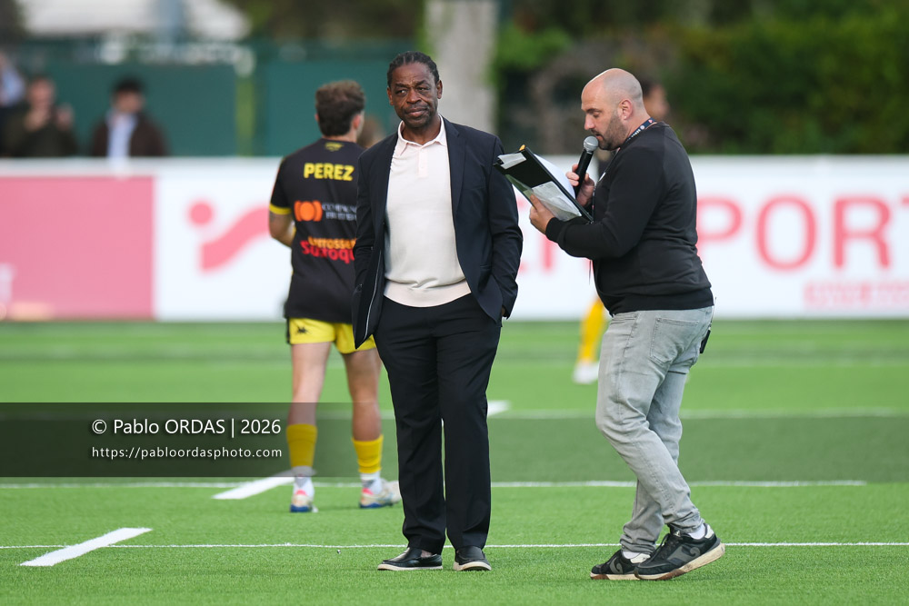 Serge Betsen, lors du match de Pro D2 entre le Biarritz olympique et Carcassonne, le 15 mai 2026 au stade Aguiléra de Biarritz, France (Photo Pablo ORDAS)