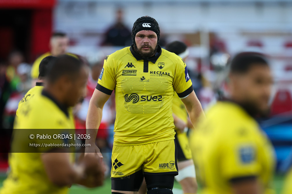Marius Iftimiciuc, lors du match de Pro D2 entre le Biarritz olympique et Carcassonne, le 15 mai 2026 au stade Aguiléra de Biarritz, France (Photo Pablo ORDAS)