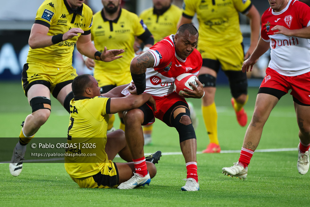 Piula Fa'asalele, lors du match de Pro D2 entre le Biarritz olympique et Carcassonne, le 15 mai 2026 au stade Aguiléra de Biarritz, France (Photo Pablo ORDAS)