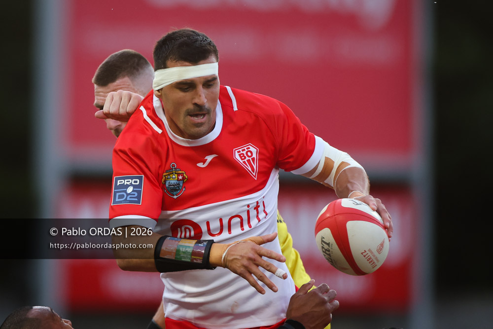 Rémi Bourdeau, lors du match de Pro D2 entre le Biarritz olympique et Carcassonne, le 15 mai 2026 au stade Aguiléra de Biarritz, France (Photo Pablo ORDAS)