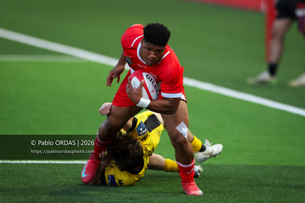 Joe Jonas, lors du match de Pro D2 entre le Biarritz olympique et Carcassonne, le 15 mai 2026 au stade Aguiléra de Biarritz, France (Photo Pablo ORDAS)