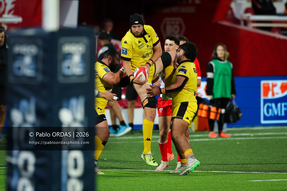 Marius Iftimiciuc, lors du match de Pro D2 entre le Biarritz olympique et Carcassonne, le 15 mai 2026 au stade Aguiléra de Biarritz, France (Photo Pablo ORDAS)