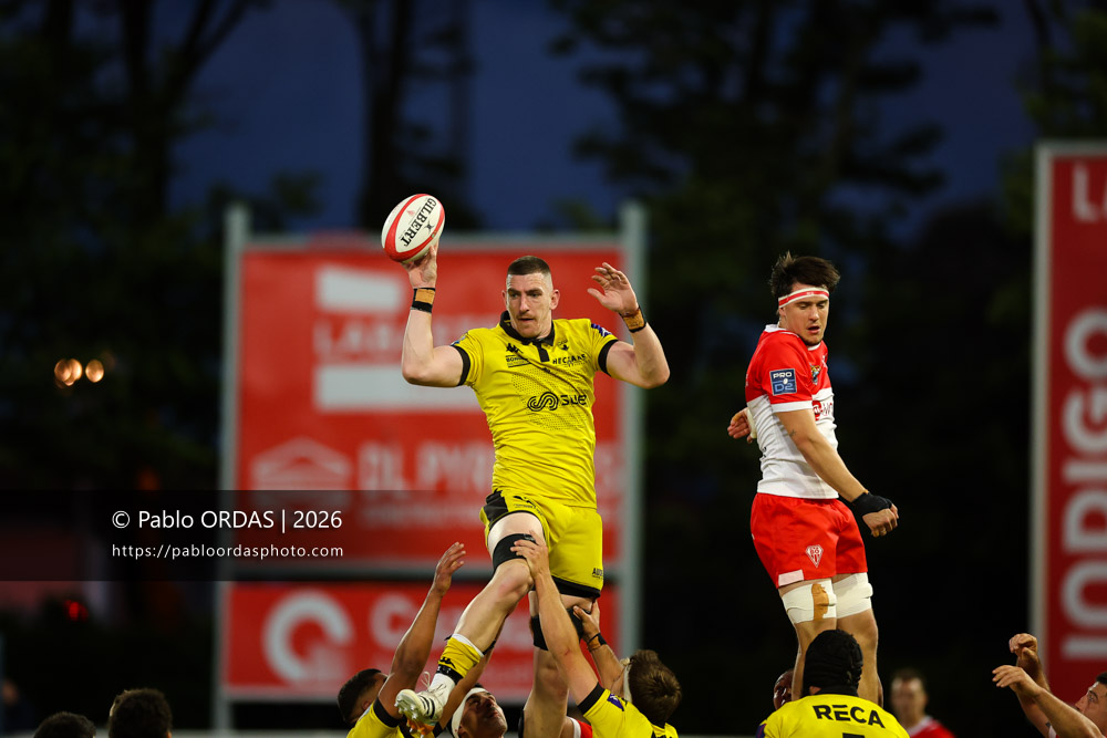 Frank Bradshaw, lors du match de Pro D2 entre le Biarritz olympique et Carcassonne, le 15 mai 2026 au stade Aguiléra de Biarritz, France (Photo Pablo ORDAS)