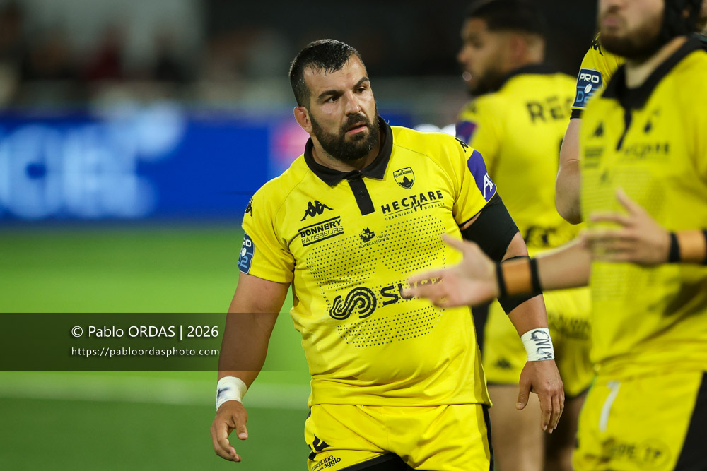 Vakhtangi Akhobadze, lors du match de Pro D2 entre le Biarritz olympique et Carcassonne, le 15 mai 2026 au stade Aguiléra de Biarritz, France (Photo Pablo ORDAS)
