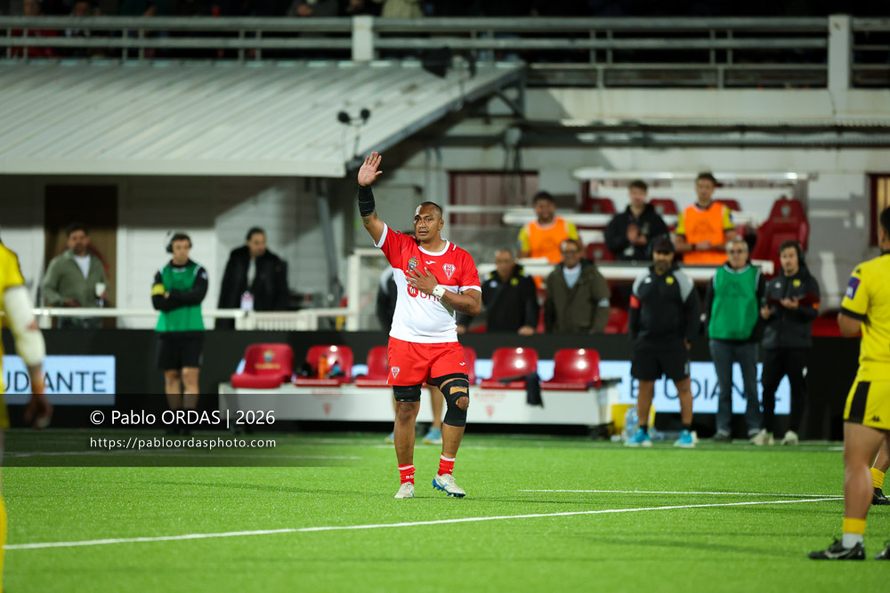 Piula Fa'asalele, lors du match de Pro D2 entre le Biarritz olympique et Carcassonne, le 15 mai 2026 au stade Aguiléra de Biarritz, France (Photo Pablo ORDAS)