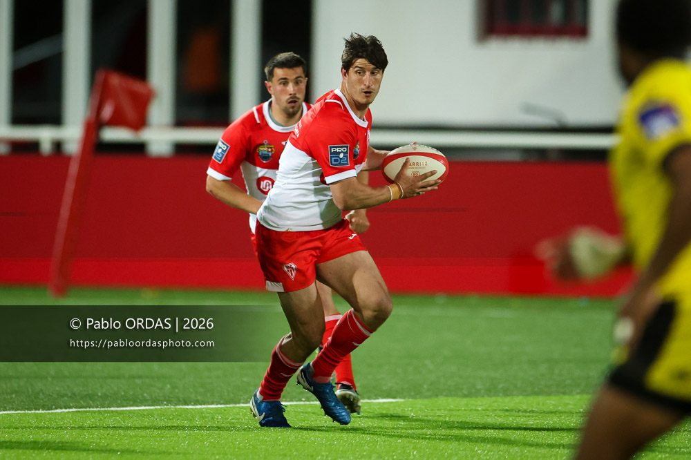 Tom Hendrickson, lors du match de Pro D2 entre le Biarritz olympique et Carcassonne, le 15 mai 2026 au stade Aguiléra de Biarritz, France (Photo Pablo ORDAS)
