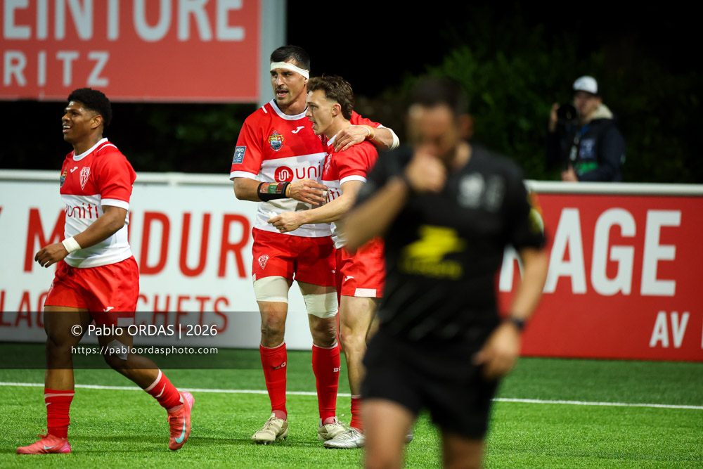 Rémi Bourdeau, Nicolas Elissondo, lors du match de Pro D2 entre le Biarritz olympique et Carcassonne, le 15 mai 2026 au stade Aguiléra de Biarritz, France (Photo Pablo ORDAS)