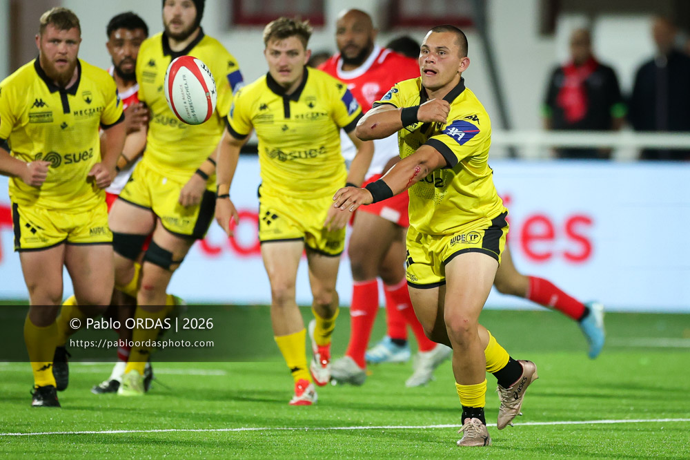 Otis Spruytte, lors du match de Pro D2 entre le Biarritz olympique et Carcassonne, le 15 mai 2026 au stade Aguiléra de Biarritz, France (Photo Pablo ORDAS)