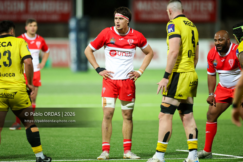 Andrea Sacco, lors du match de Pro D2 entre le Biarritz olympique et Carcassonne, le 15 mai 2026 au stade Aguiléra de Biarritz, France (Photo Pablo ORDAS)