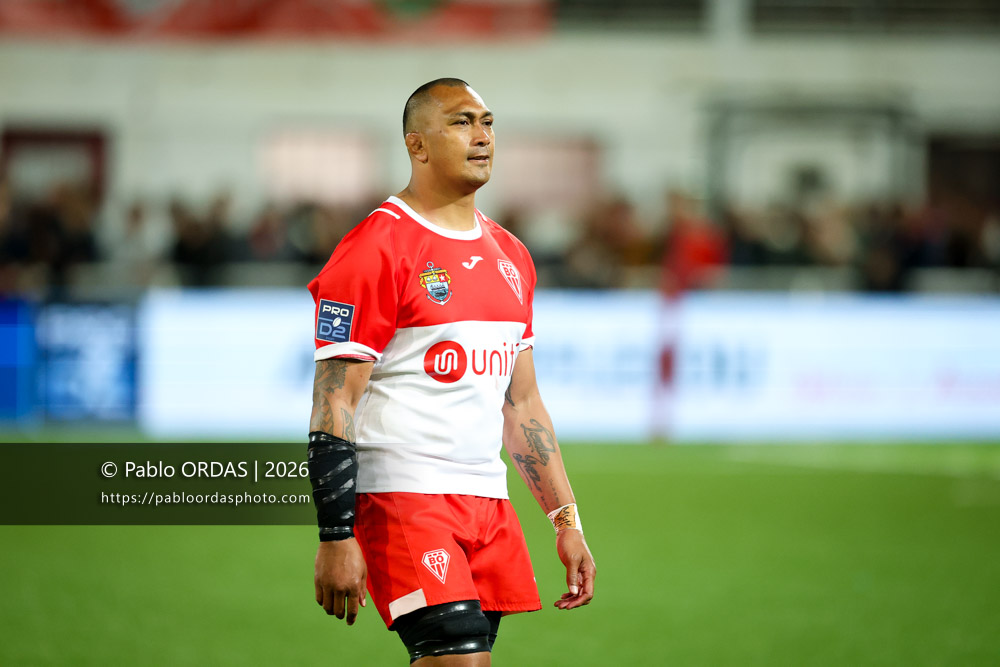 Piula Fa'asalele, lors du match de Pro D2 entre le Biarritz olympique et Carcassonne, le 15 mai 2026 au stade Aguiléra de Biarritz, France (Photo Pablo ORDAS)