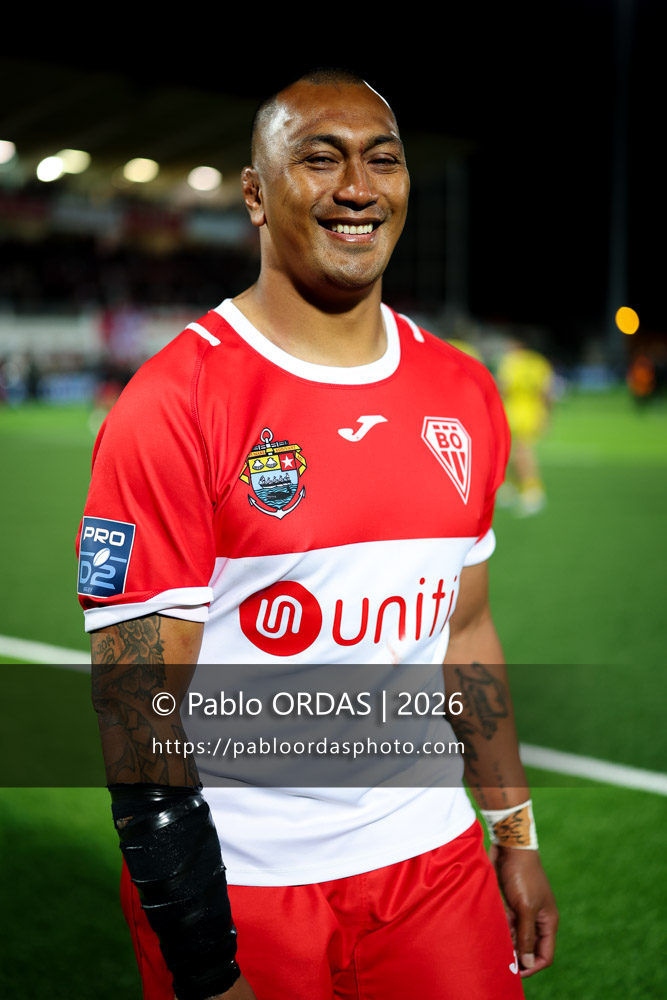 Piula Fa'asalele, lors du match de Pro D2 entre le Biarritz olympique et Carcassonne, le 15 mai 2026 au stade Aguiléra de Biarritz, France (Photo Pablo ORDAS)