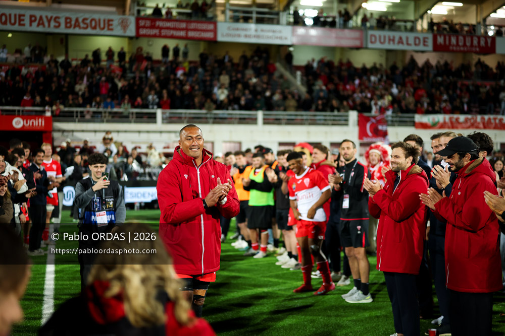 Piula Fa'asalele, lors du match de Pro D2 entre le Biarritz olympique et Carcassonne, le 15 mai 2026 au stade Aguiléra de Biarritz, France (Photo Pablo ORDAS)